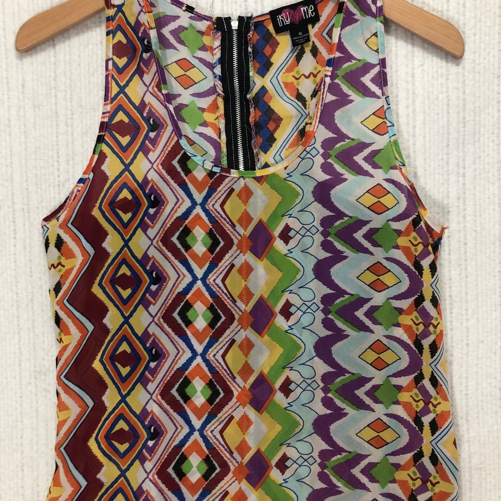 Iky & Me Multi Color Geometric Print‎ Sleeveless Zipper Front Sheer Tank Top S
